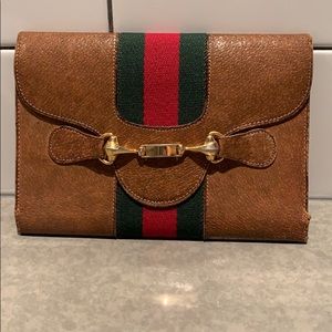 Gucci Brown Tan Leather Stripe Vintage Wallet